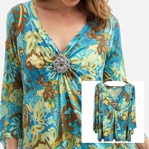 Fashion Bug Floral Tunic Embellished Boho Flowy Stretch Plus 18/20